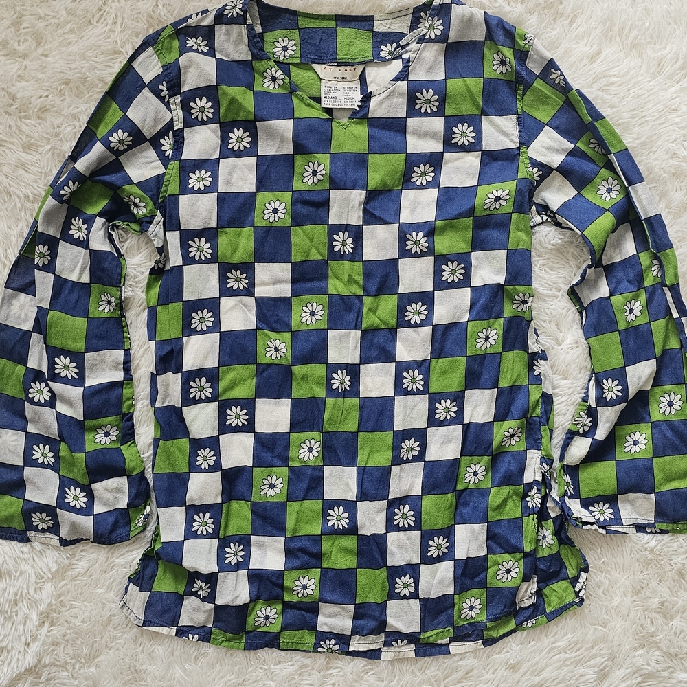 Vintage 1970s Checkered Floral Bell Sleeve Tunic Womens Blouse Size Medium Boho